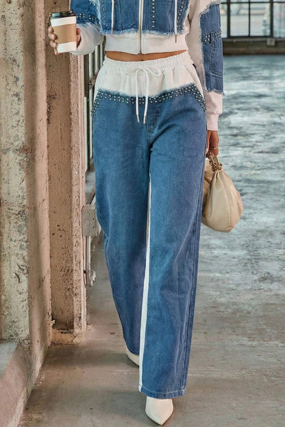 Denim Spliced Studded Wide Leg Joggers Lavish Daily