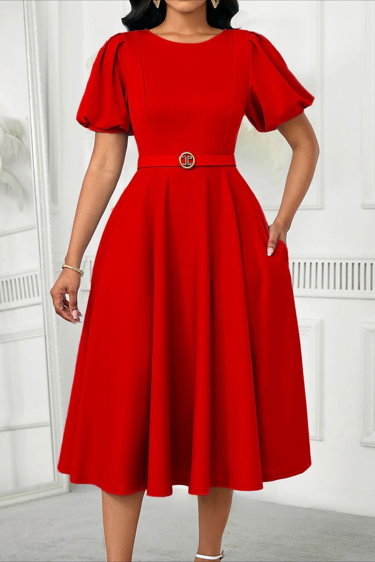 Puff Sleeve High Waist Solid Round Neck Dress Lavish Daily