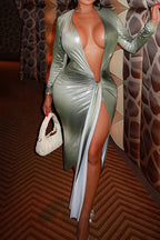 Deep V-Neck Ruched Long Sleeve Maxi Dress Lavish Daily