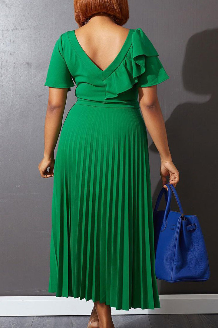 Pleated Flounce Sleeve Slim Fit Dress Lavish Daily