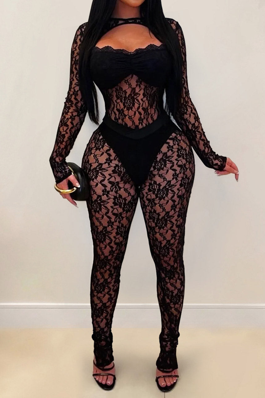Sheer Lace Long-Sleeve Cutout Jumpsuit Lavish Daily
