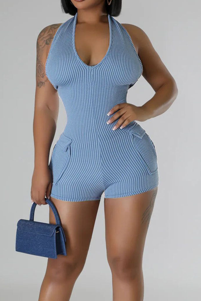 Halter Neck Pocket Slim-Fit Backless Rompers Lavish Daily