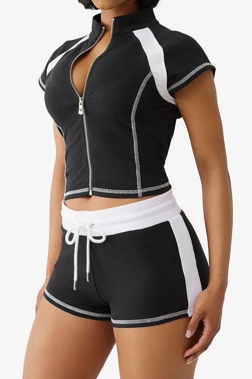 Casual Short Sleeve Zip Up Activewear Set Lavish Daily