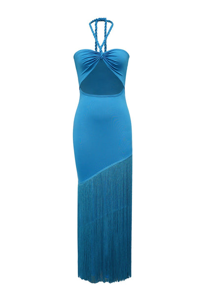 Halter Cutout Fringe Maxi Dress Lavish Daily