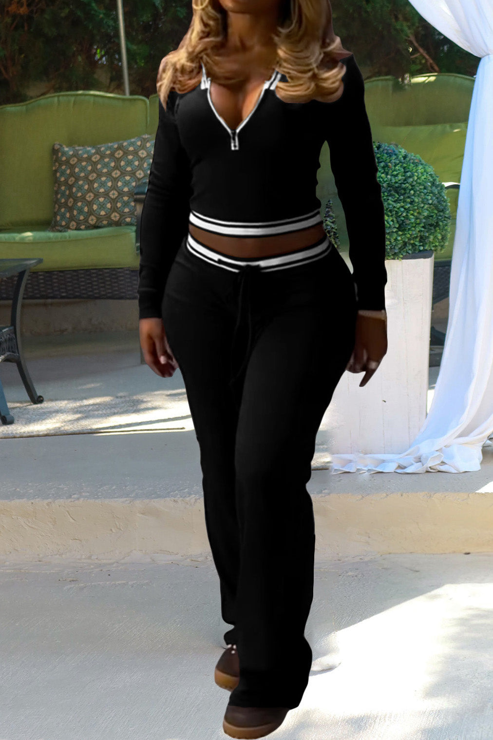 Half Zip Collar Top and Drawstring Pants Set Lavish Daily