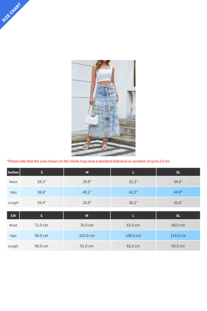 Floral Mesh Spliced Denim Midi Skirt Lavish Daily
