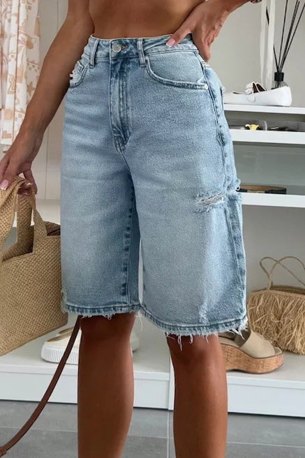 High-Waisted Raw Hem Denim Bermuda Shorts Lavish Daily