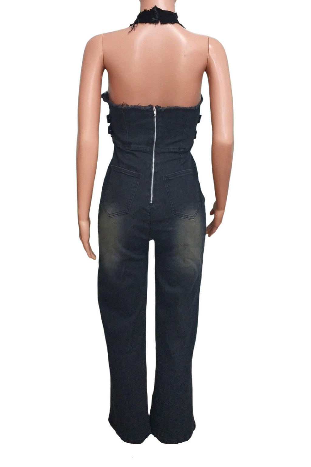 Halter Washed Denim Jumpsuit Lavish Daily