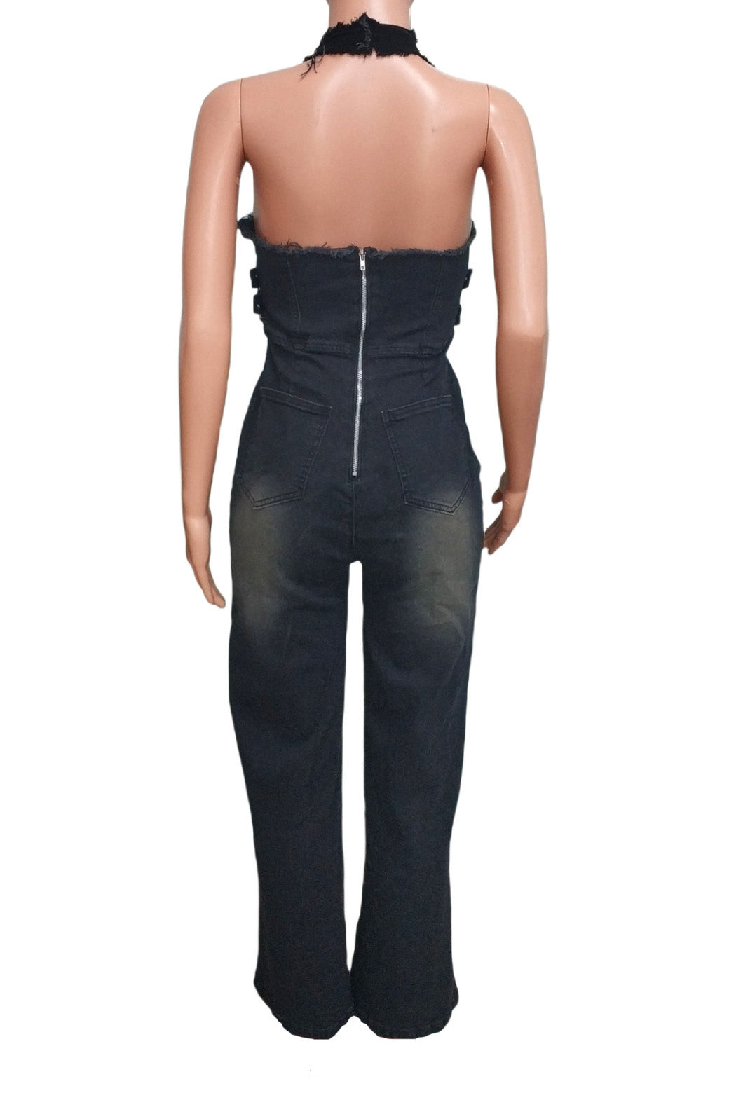 Halter Washed Denim Jumpsuit Lavish Daily
