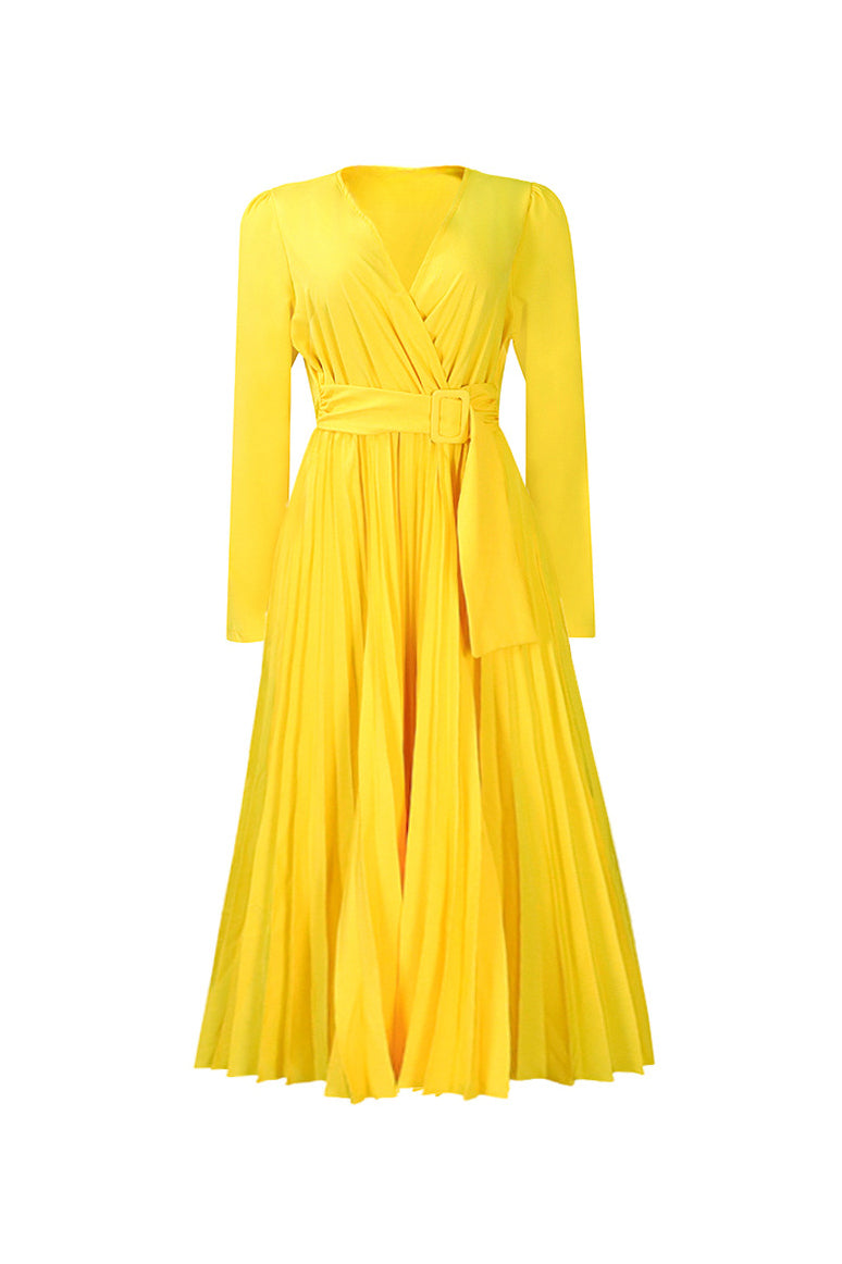 V Neck Long Sleeve Pleated Midi Dress Lavish Daily