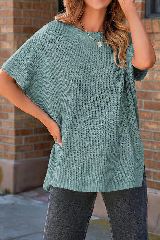 Short Sleeve Side Slit Oversized Sweater Lavish Daily
