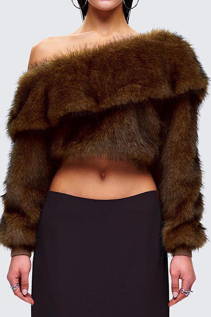 Brown Faux Fur Off Shoulder Top Lavish Daily