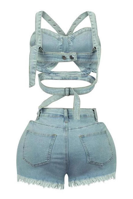 Denim Top & Cut Out Shorts Set Lavish Daily