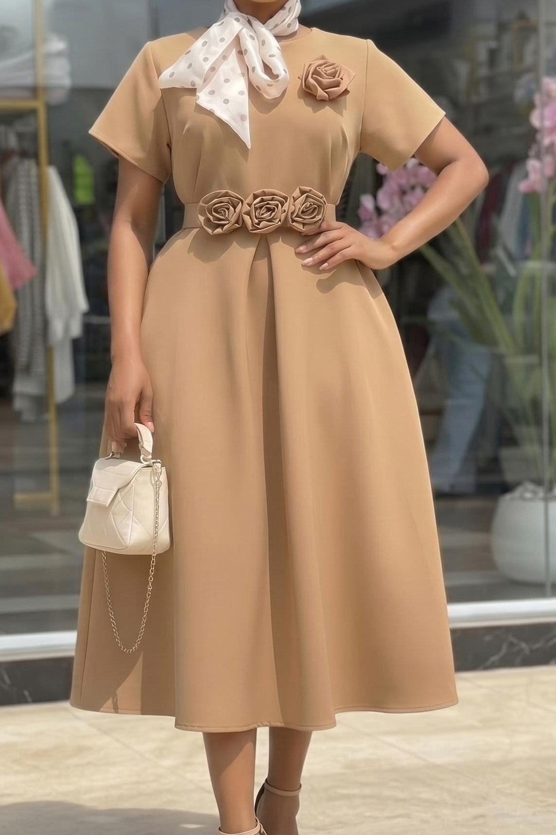 3D Rosette Belted A-Line Midi Dress Lavish Daily