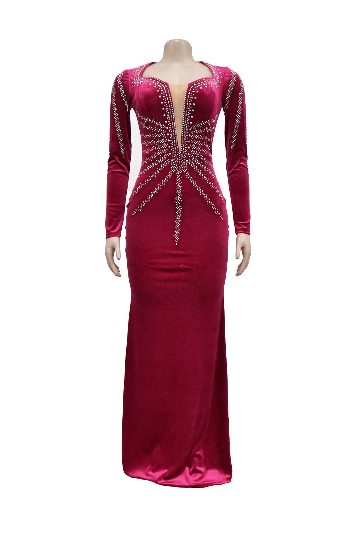 Rhinestone Plunge Illusion Velvet Maxi Dress Lavish Daily