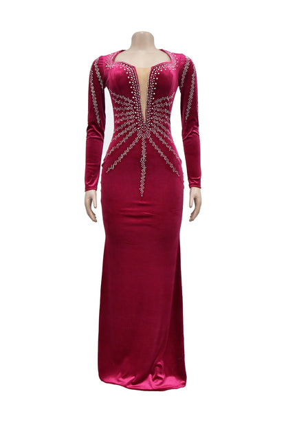 Rhinestone Plunge Illusion Velvet Maxi Dress Lavish Daily