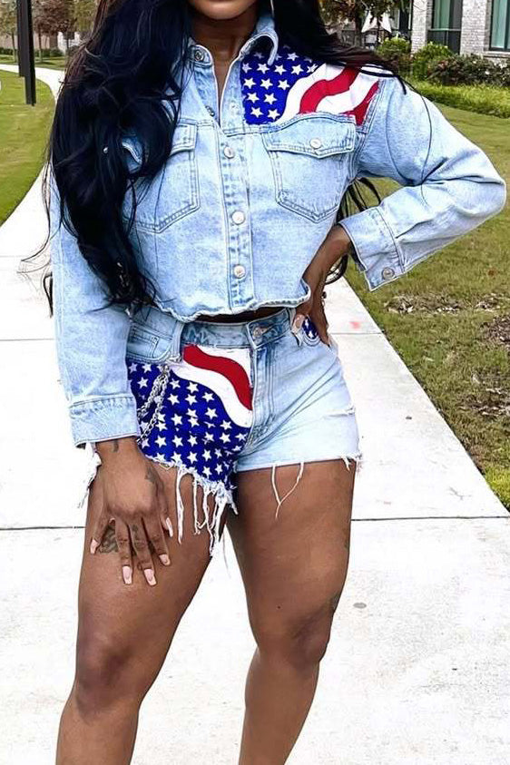 Casual Denim Set with Flag Print for Women Lavish Daily