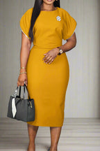 Round Neck Short Sleeve Bodycon Midi Dress Lavish Daily