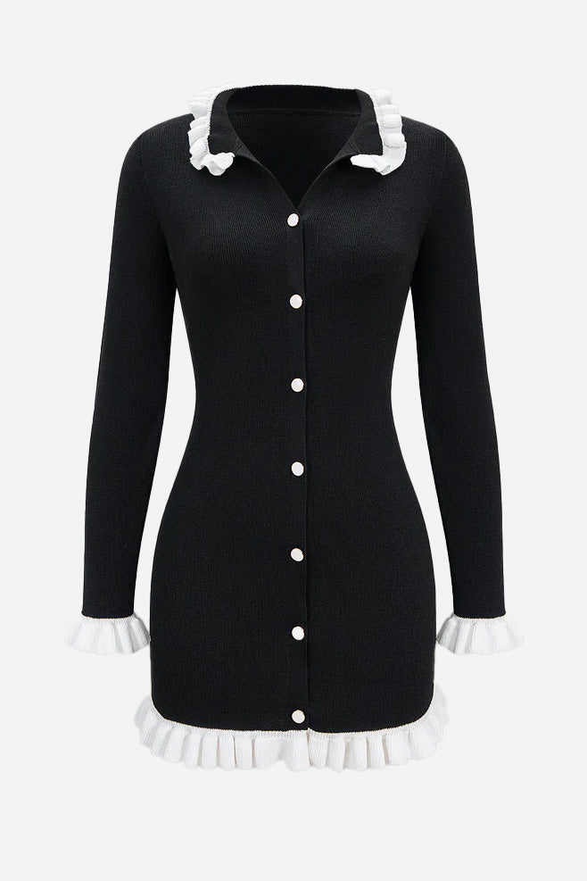 Knit Contrast Ruffle Button Dress Lavish Daily