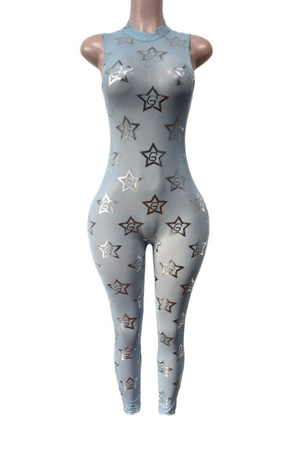 Metallic Star Print Mesh Jumpsuit Lavish Daily