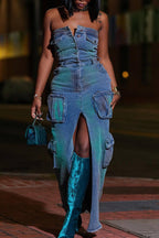 Denim Cargo Dress Lavish Daily