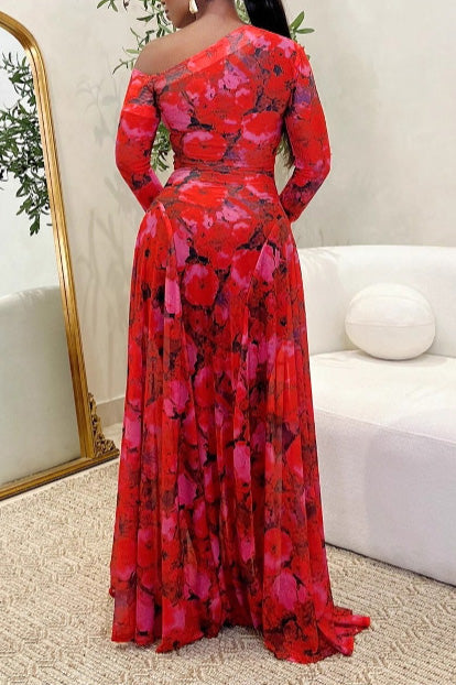 Stretchy One-Shoulder Maxi Flare Dress Lavish Daily