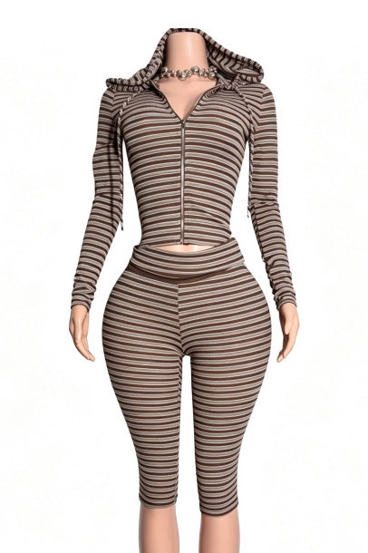 Striped Ribbed Zip Hoodie & Capri Set Lavish Daily