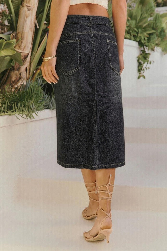 Button Front Cargo Denim Midi Skirt LavishDaily