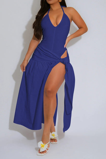 Plunge Halter & High Slit Maxi Skirt Set LavishDaily