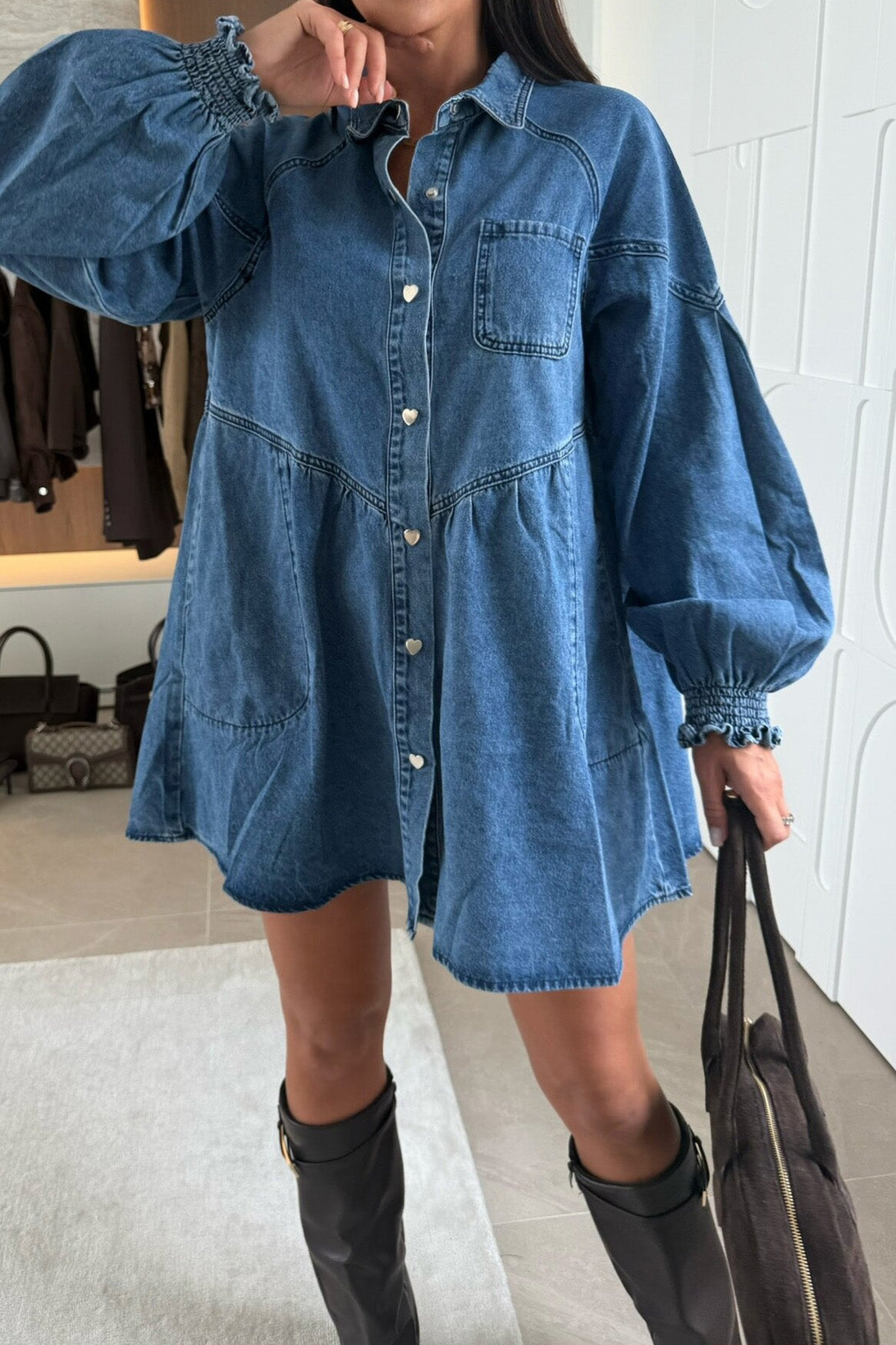 Heart Button Denim Babydoll Dress Lavish Daily