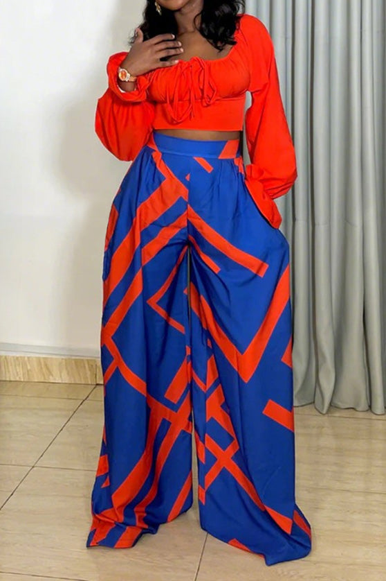 Long Sleeve Top and Printed Wide Leg Pants Set Lavish Daily