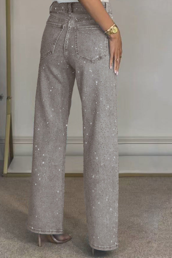 Wide-Leg High-Waist Rhinestone Jeans Lavish Daily