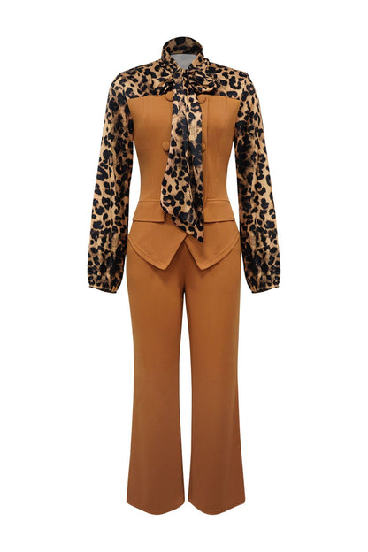 Leopard Print Tie-Neck Tailored Top & Wide Leg Pant Set Lavish Daily