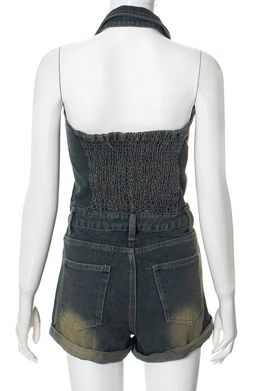 Sleeveless Denim Halter V Neck Backless Romper Lavish Daily