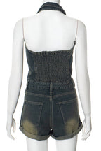 Sleeveless Denim Halter V Neck Backless Romper Lavish Daily