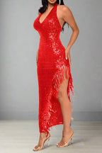 Halter Tassel Fringe Sequin Maxi Dress Lavish Daily