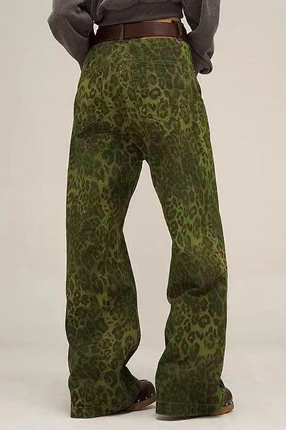 Vintage Leopard Print Wide Leg Denim Pants Lavish Daily