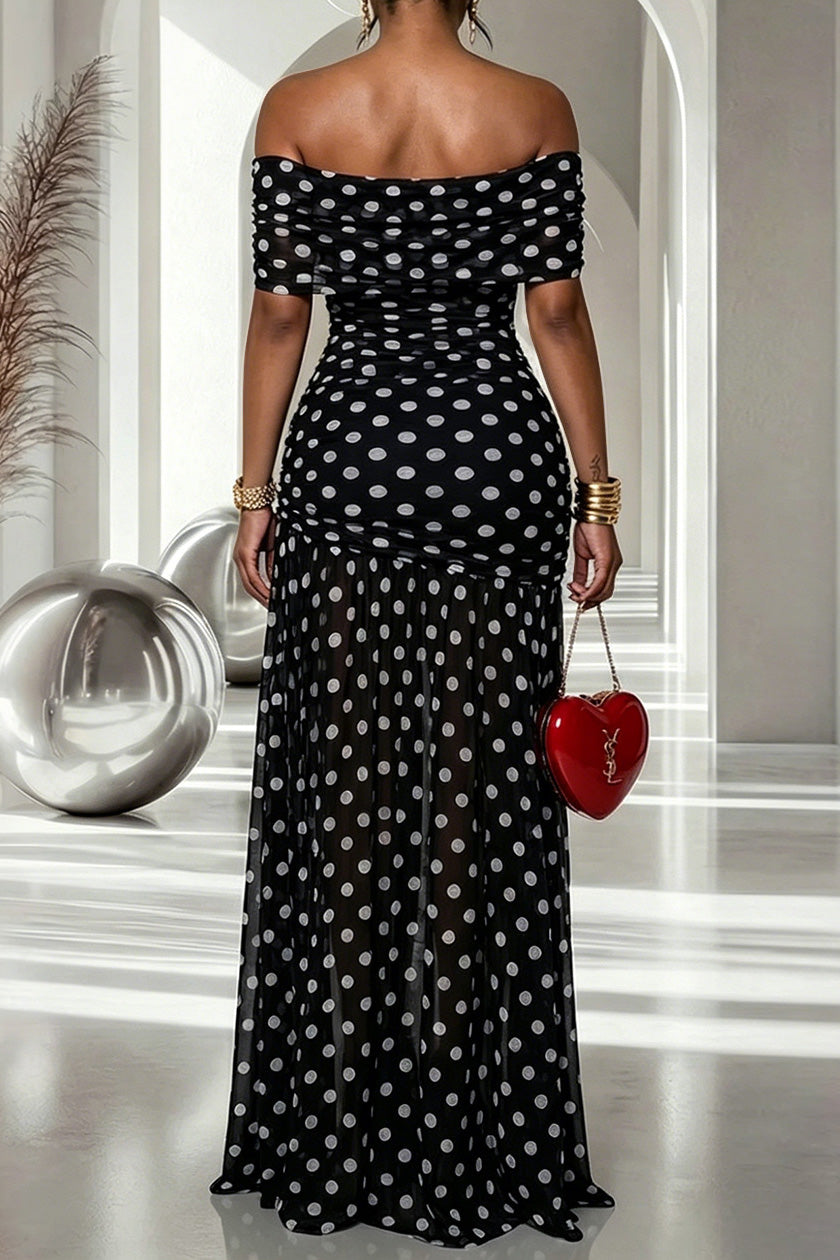 Off-Shoulder Polka Dot Ruched Maxi Dress Lavish Daily