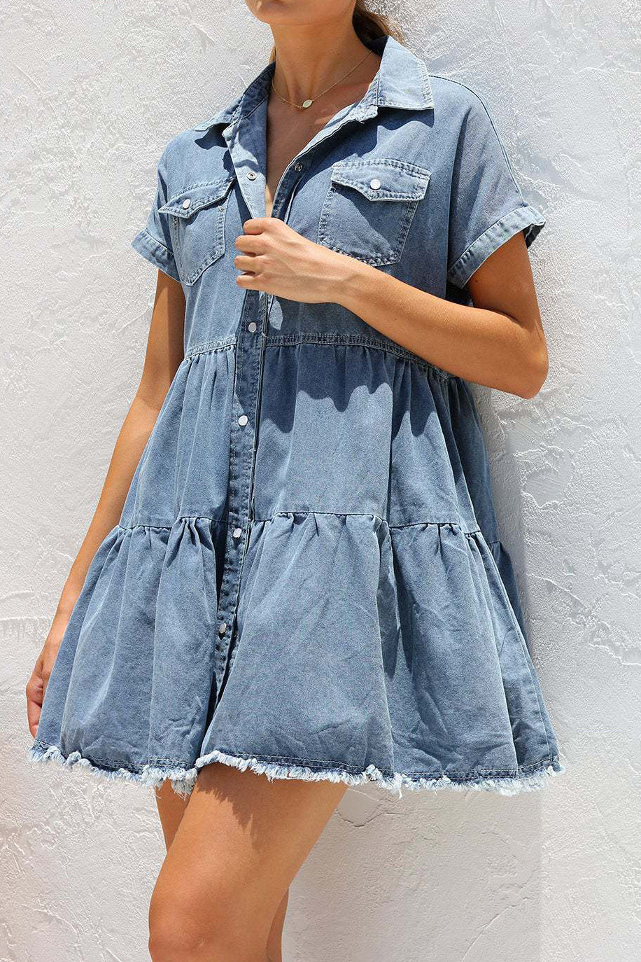 Raw Hem Short Sleeve Denim Dress Lavish Daily