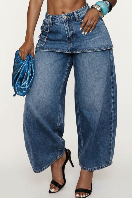 Skirt Overlay Wide Leg Baggy Jeans LavishDaily