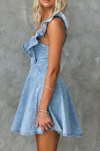 Ruffled Square Neck Denim Mini Dress Lavish Daily