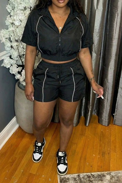 Contrast Piping Zip-Up Crop Top & Shorts Set Lavish Daily