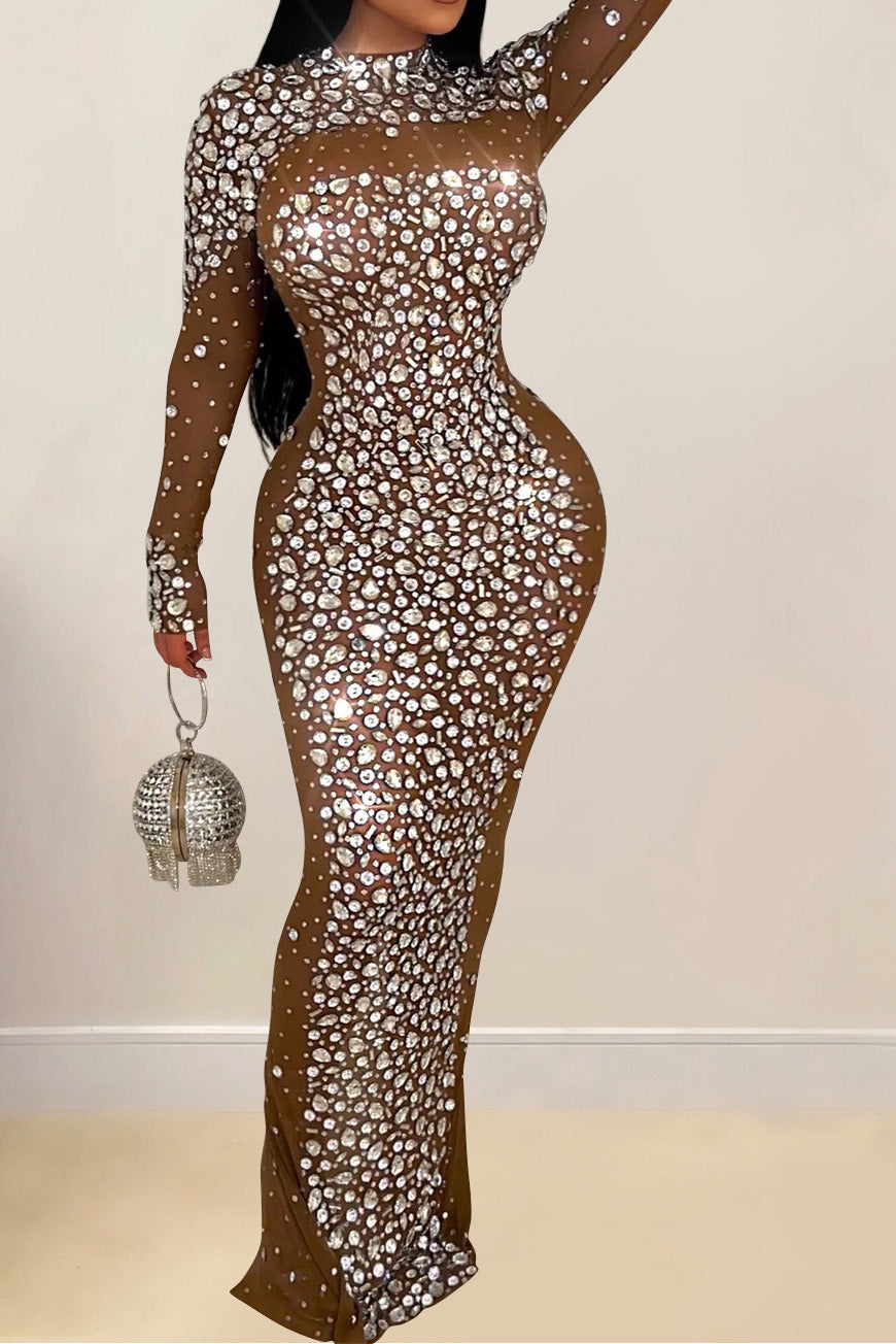 Mesh Rhinestone Long Sleeve Maxi Dress Lavish Daily