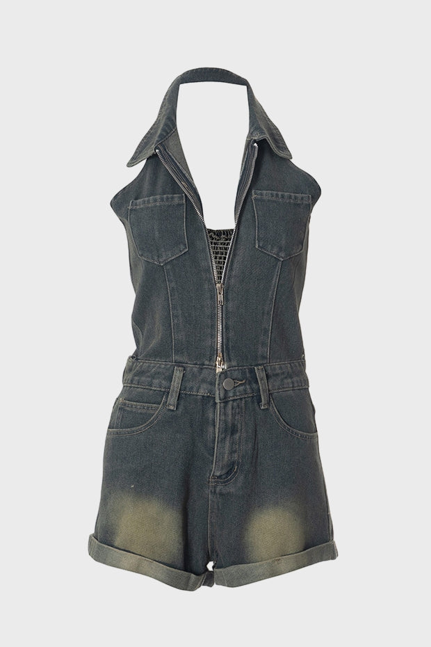 Sleeveless Denim Halter V Neck Backless Romper Lavish Daily