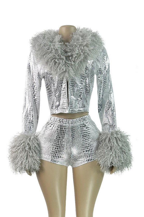 Fur Collar & Cuff Metallic Top and Shorts Set LavishDaily