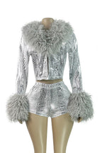 Fur Collar & Cuff Metallic Top and Shorts Set LavishDaily