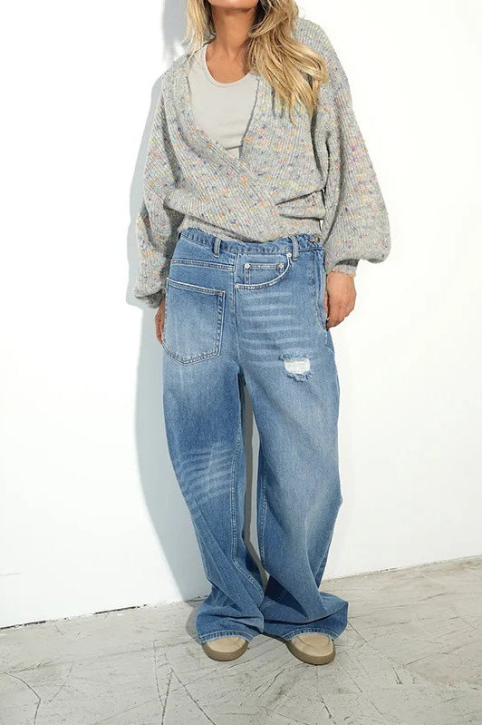 Distressed Patch Pocket Wide Leg Jeans Lavish Daily