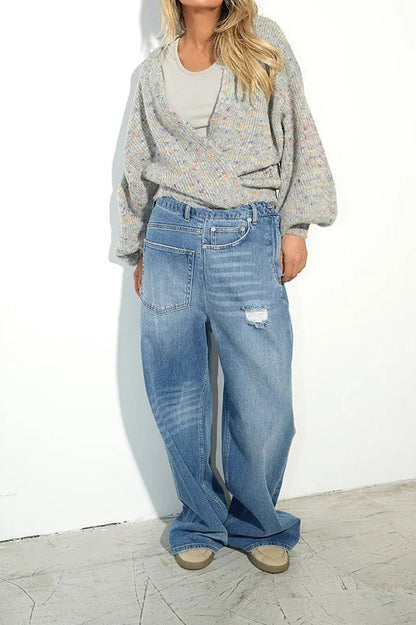Distressed Patch Pocket Wide Leg Jeans Lavish Daily