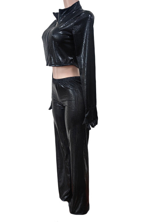 Zip-Front Faux Leather Jacket & Pants Set Lavish Daily
