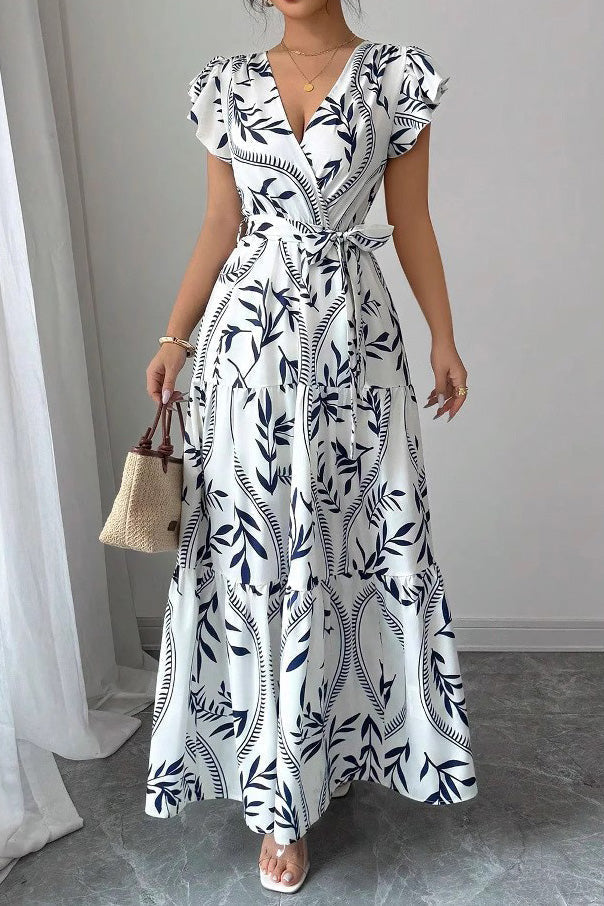 Floral Ruffle V-Neck Slim Maxi Dress Lavish Daily